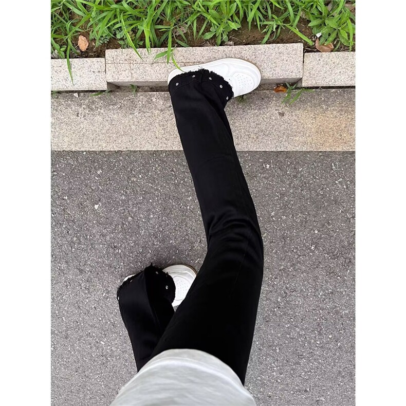 美式复古黑色微喇牛仔裤男cleanfit水洗做旧毛边铆钉显瘦休闲裤潮,男装牛仔裤,星座302B