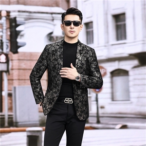 春秋款男士绵羊皮西服真皮休闲外套中年男装百搭通勤夹克银叶花图片