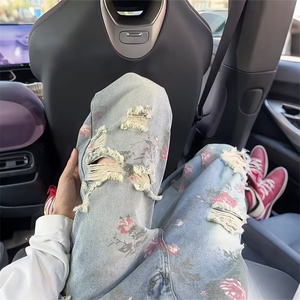 玫瑰花破洞牛仔裤男款夏季美式裤子潮牌痞帅炸街微喇直筒裤X1331图片