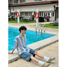 复古撞色条纹开衫短袖衬衫男夏季潮流ins宽松翻领休闲针织衫薄款，男装针织衫/毛衣，星座1210-1