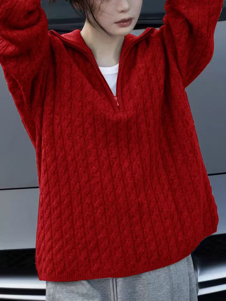 时尚针织衫女2024年冬半高领半拉链麻花宽松慵懒毛衣,女装羊毛衫,梵泰羊绒