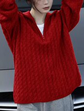 时尚针织衫女2024年冬半高领半拉链麻花宽松慵懒毛衣，女装羊毛衫，梵泰羊绒