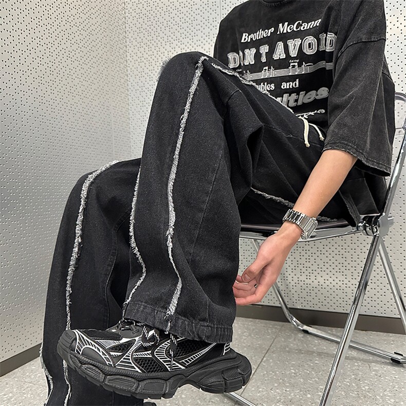 高街vibe复古毛边牛仔裤男美式潮牌直筒oversize阔腿裤K7499-P42,男装牛仔裤,星座512-3
