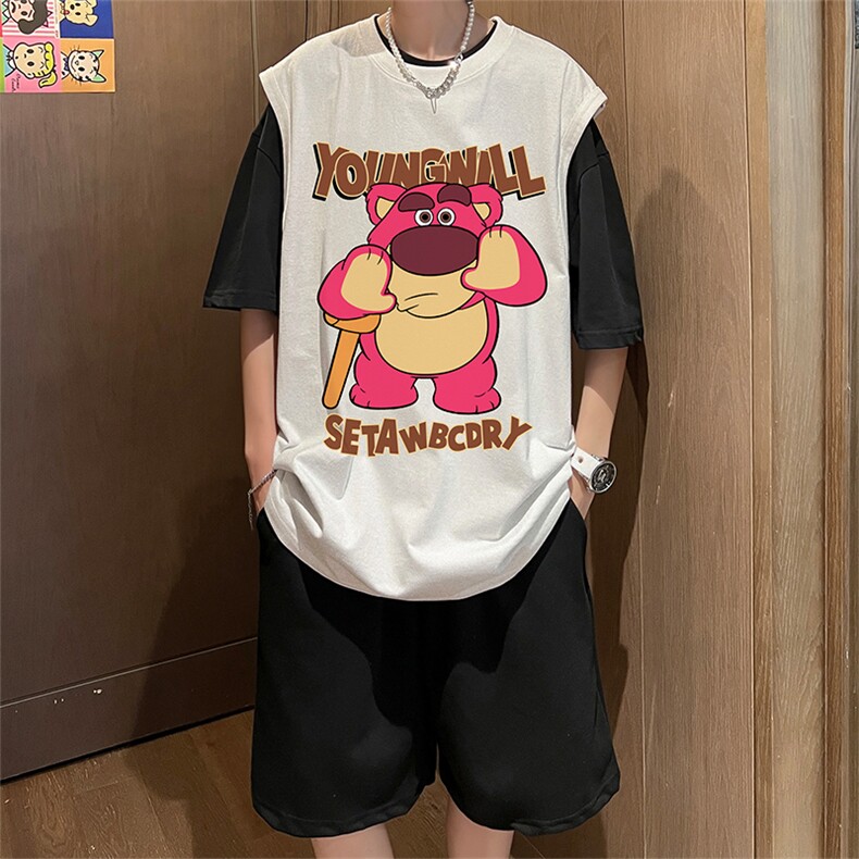直播品质美式宽松纯棉背心无袖t恤短裤大码两件套套装TZ54-P58,男装T恤,电商A486