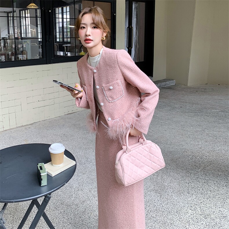 粉色小香风套装2025新款爆款女春季气质名媛富家千金毛呢套装裙,女装套装/套裙,霓裳依族