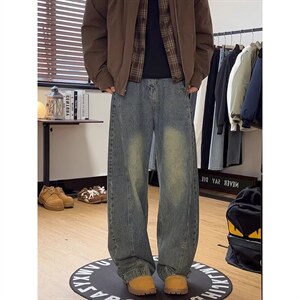 1506/Q5840/P49复古蓝斜切阔腿牛仔裤男款弯刀裤子cleanfit长裤图片
