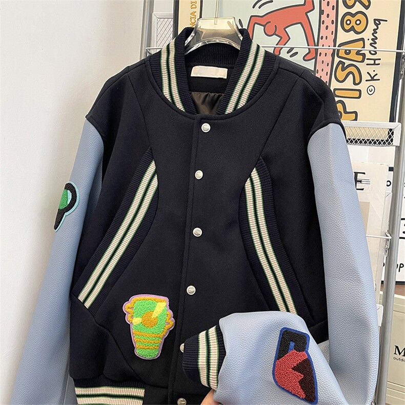 美式棒球服外套秋季刺绣情侣立领夹克宽松拼接 XZ212-QW6718-P65图片