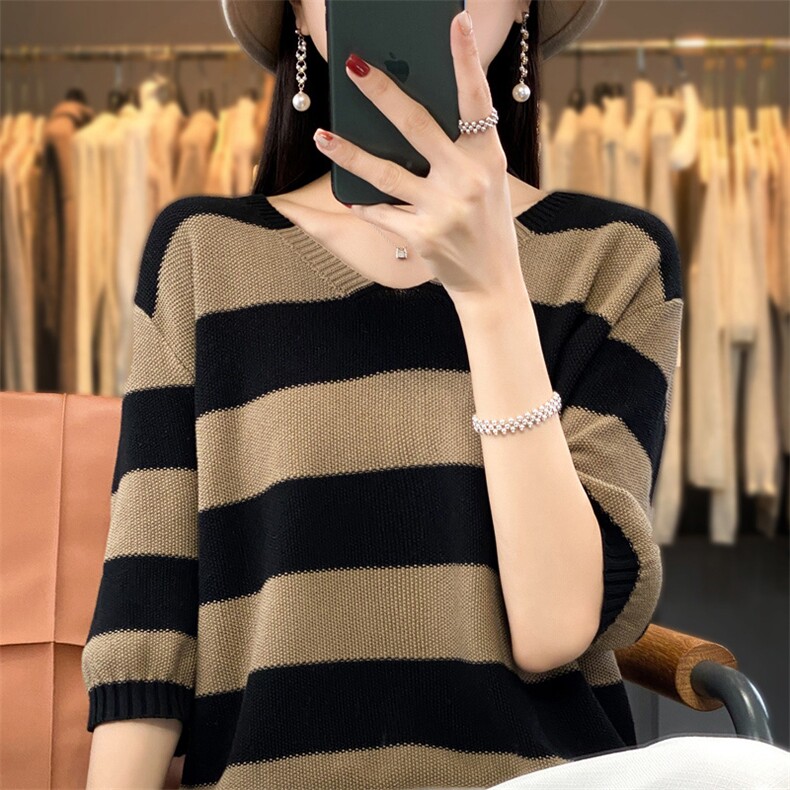 女士秋冬打底短袖针织衫V领纯棉套头条纹简约,针织衫/毛衣,品高羊绒
