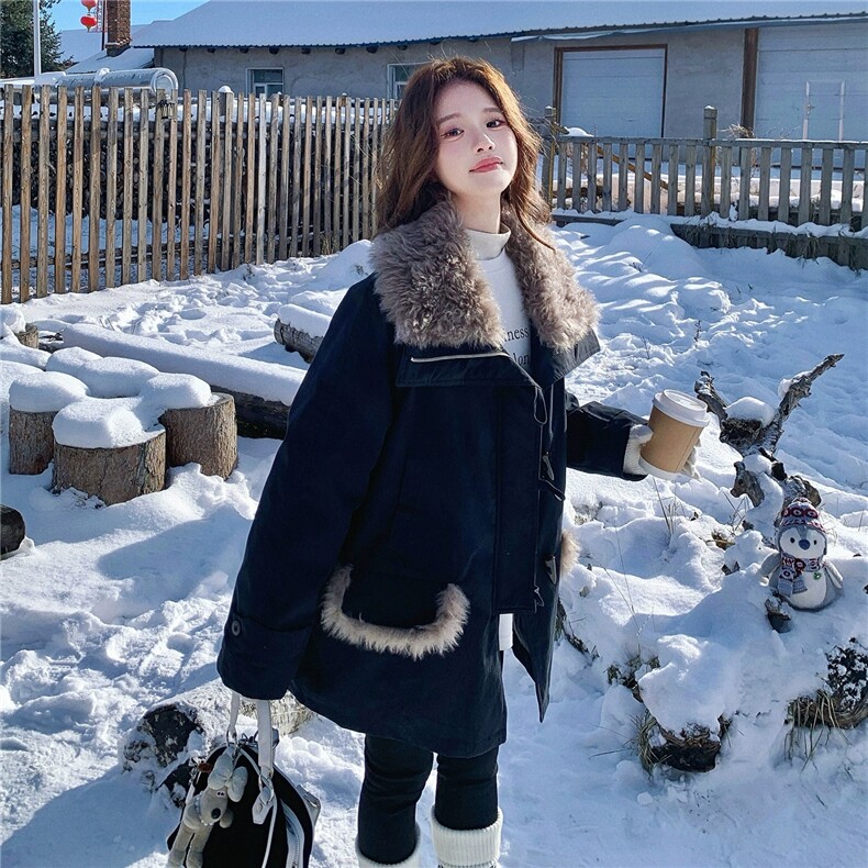 羊羔毛翻领加厚保暖派克服女冬巨好看中场款宽松外套，女装羊羔毛/颗粒绒，浙宝131