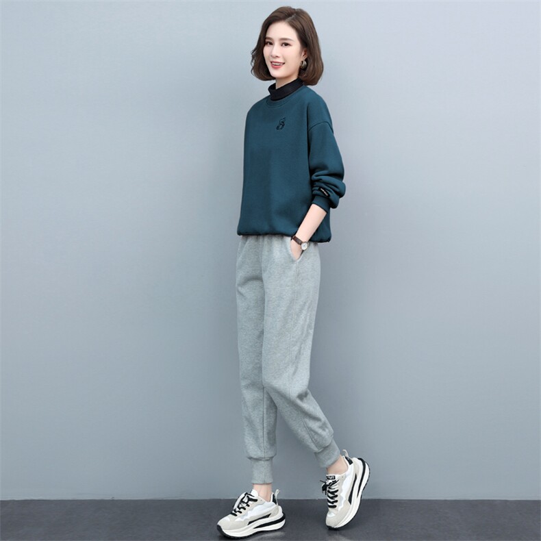 卫衣两件套秋冬宽松加绒加厚高领卫衣女休闲裤中老年妈妈装,女装套装/套裙,璐依舞