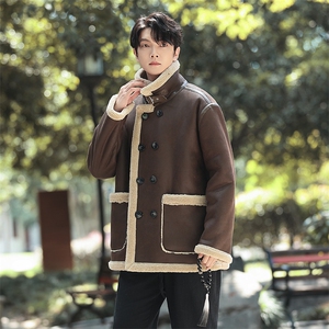 风棉衣皮毛一体短大衣男冬季羊羔绒夹克外套保暖棉服1213p218,粉色棉麻衬衫搭配什么图片