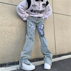 美式高街hiphop复古刺绣牛仔裤男百搭拉链微喇叭休闲情侣长裤P65，男装牛仔裤，四季星座218-1