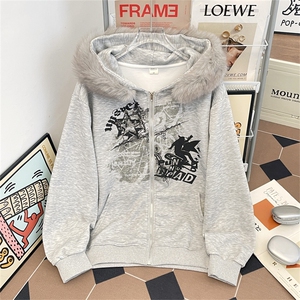 港风秋款男女连帽开衫卫衣扎染刺绣印花毛领夹克外套WY051 P58图片