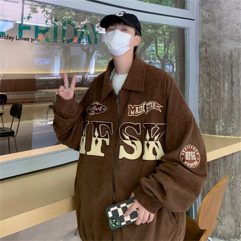 街头夹克灯芯绒棒球服男春季2023新款宽松bf风翻领外套JK940-P76,男装夹克,星座1103-3
