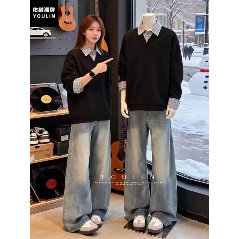 1506-1/WV021/P47春潮牌假两件衬衫领卫衣男女百搭情侣打底上衣图片