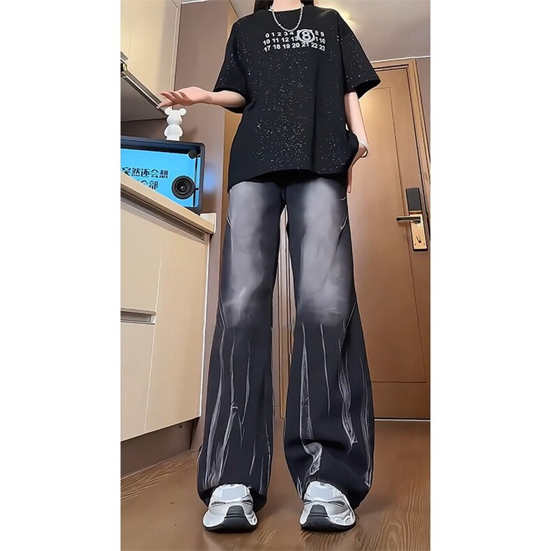 美式复古扎染牛仔裤女春秋款设计感小众裤子hiohop潮牌高街直筒裤,男装牛仔裤,星座506A