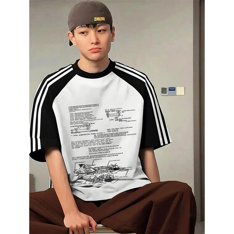 夏季美式高街重磅纯棉三条杠织带插肩撞色男女短袖T恤CZ125-特P25图片