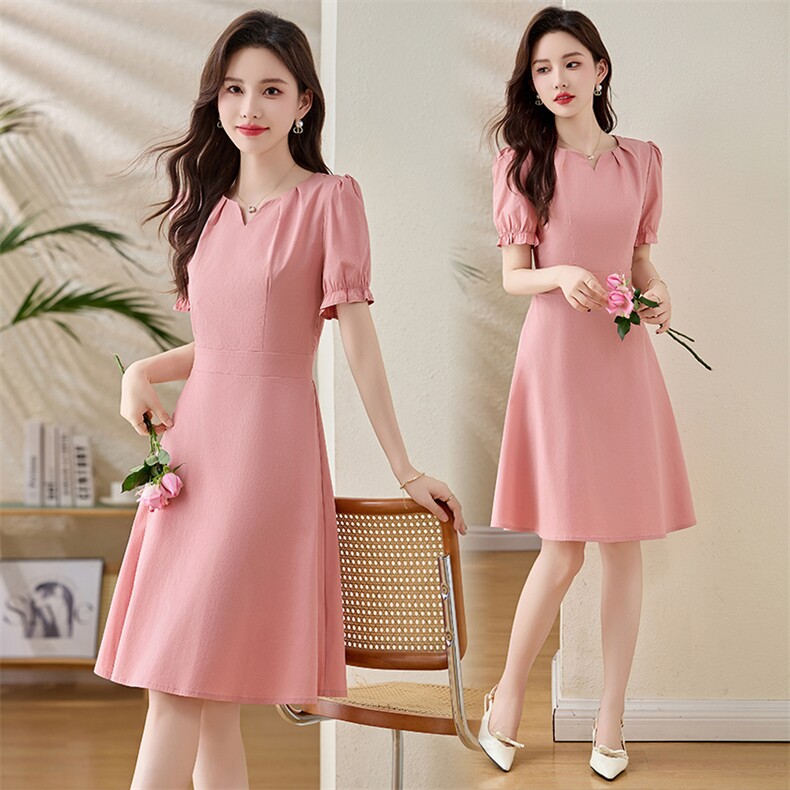洋气减龄粉色连衣裙女2025夏新款气质收腰显瘦小个子短袖纯棉裙子，女装连衣裙，姿衣坊