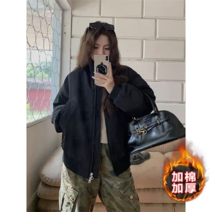美式bomber飞行棉服外套男女款冬季加厚保暖棉衣宽松短款立领夹克,红色汉服搭配什么颜色图片