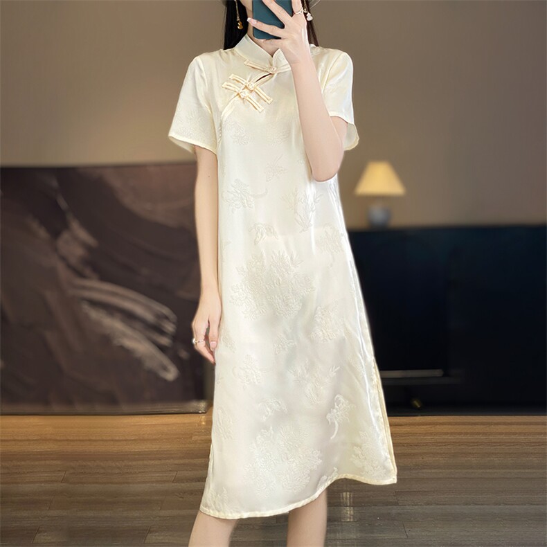 中长款时尚风A型缎面套头2024年夏季简约连衣裙,女装连衣裙,绒宛羊绒