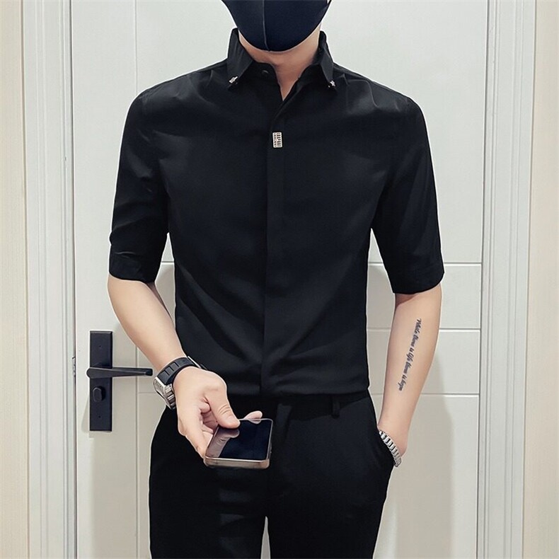 韩版高级感七分袖衬衫搭配套装夏季薄款男士衬衫冰丝修身雅痞衬衣,男装休闲套装,星座218-1（原230）