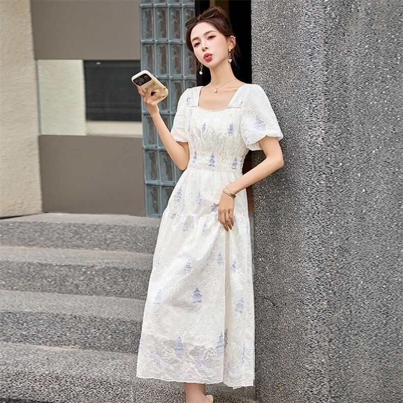现货-时尚潮流亮片刺绣提花高级淑女显瘦中长款连衣裙,女装连衣裙,尚羽泽网红店