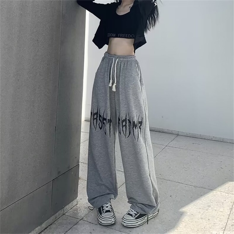 高街时髦字母印花润腿裤女春秋宽松直筒美式运动休闲裤ins潮，女装休闲裤，中性港风女装