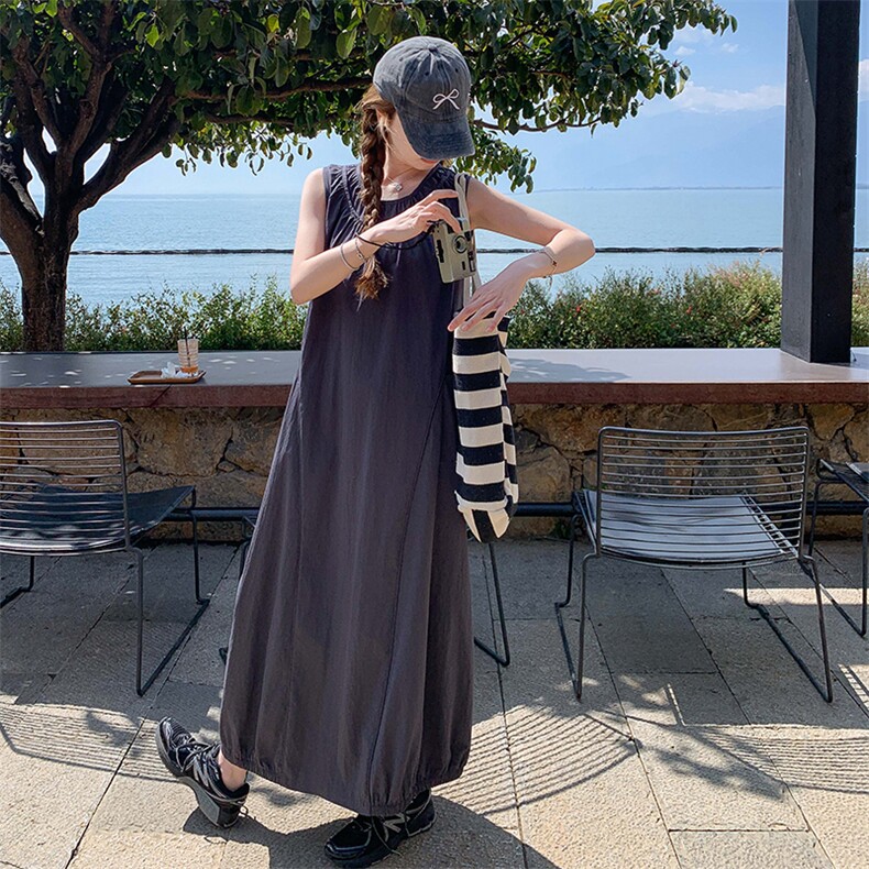 2025年夏季薄款休闲风长裙无袖圆领套头宽松腰南瓜裙,女装连衣裙,诺蝶