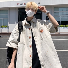 夏季短袖牛仔衬衫男港风日系小众设计感休闲宽松半袖外套C983p55，男装衬衫，星座1013