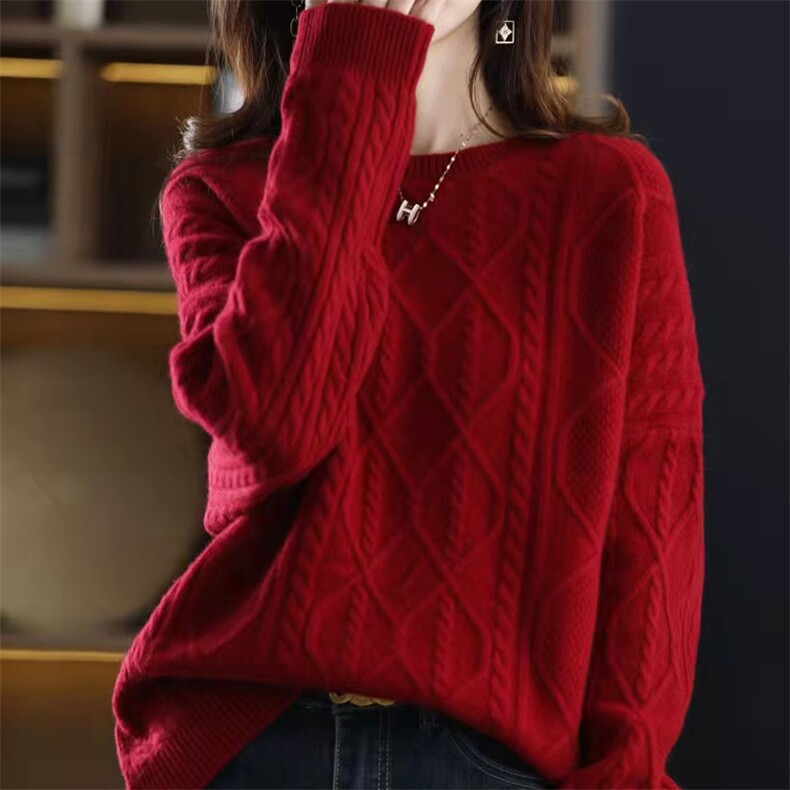 秋冬新款针织衫女圆领绞花内搭宽松加厚毛衣纯色套头羊毛衫，女装羊毛衫，唯若美羊绒