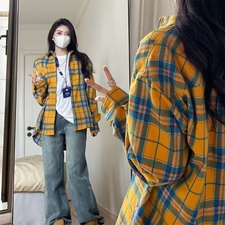 美式潮牌复古黄色格子衬衫男女款秋季2025新款设计感小众长袖衬衣,男装衬衫,星座1210-1