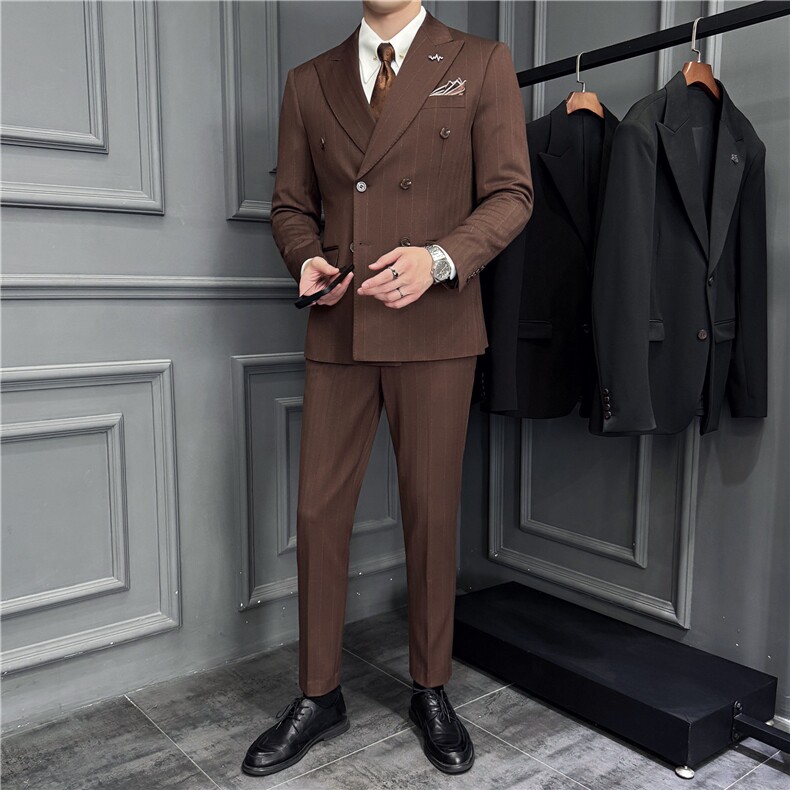 羊毛厚款条纹西服三件套高品质毛呢西装套装男咖啡色SJT8069-P325,男装西服套装,电商A213