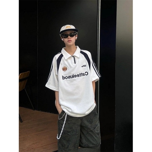 复古polo衫短袖t恤男女夏季撞色拼接字母印花半袖男 TL14图片