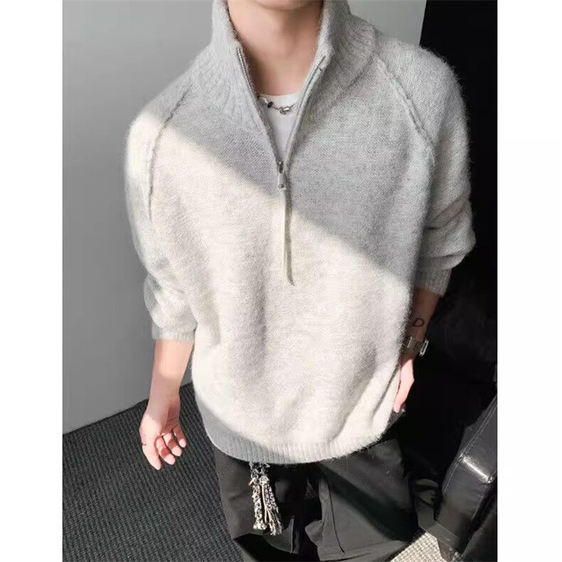 复古老钱风松弛感半拉链毛衣羊毛混纺圈圈纱立领针织毛衫,男装针织衫/毛衣,星座410-7