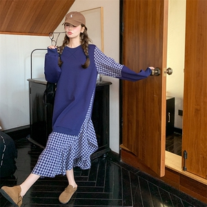 假两件格子拼接卫衣裙女2025年春季新款韩系流行减龄超好看连衣裙图片