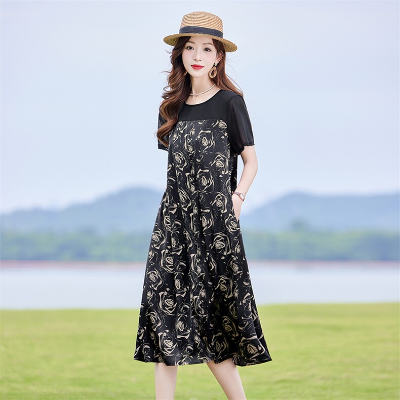 复古印花拼接连衣裙女2025夏新款时尚显瘦宽松休闲慵懒风T恤裙子,女装连衣裙,靓衣阁