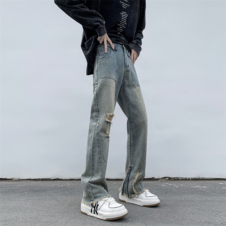 B221美式ins高街小众重工艺拉链破洞牛仔裤LK23016-P65控88,男装牛仔裤,电商B221