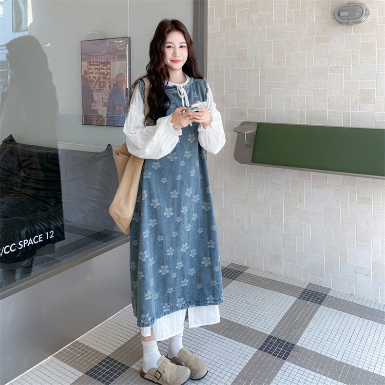 新品重工水洗刺绣牛仔面料叠穿2件套装5601-P185-K298长袖,女装连衣裙,2C275
