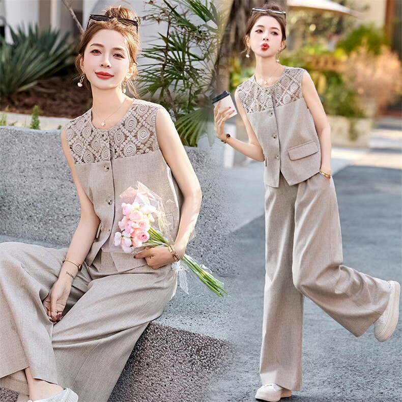 小香风套装女2026春夏新款韩系穿搭减龄背心洋气时尚阔腿裤两件套，女装套装/套裙，美沁