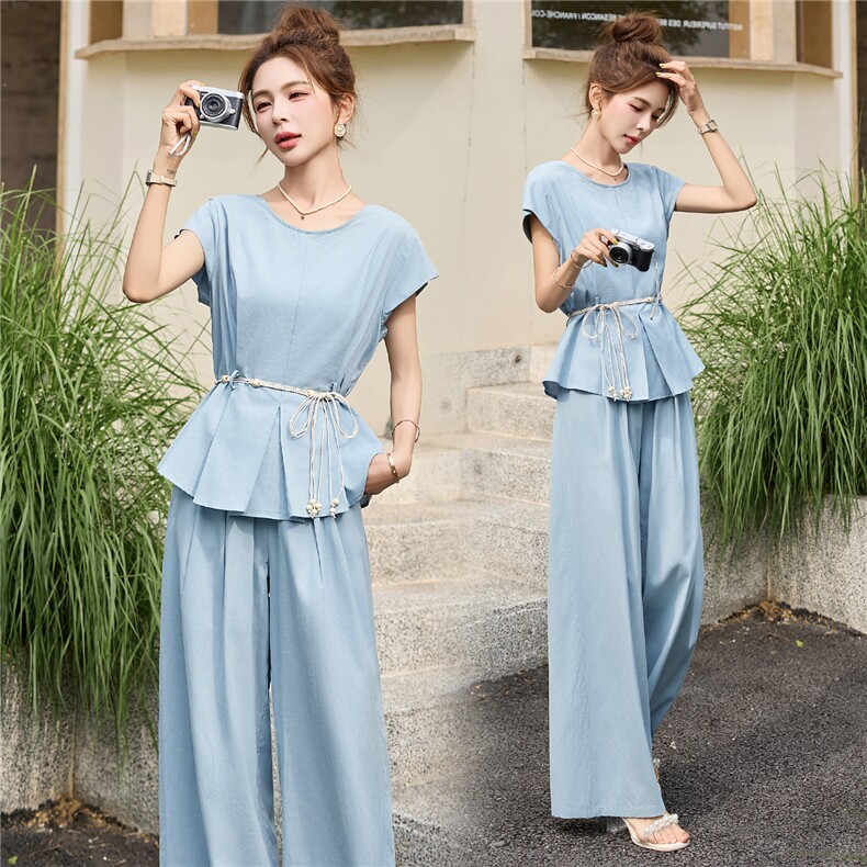 爆款夏装流行穿搭一整套女2025新款时尚套装收腰显瘦阔腿裤两件套，女装套装/套裙，布芭啦