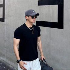 袖口收紧健身t恤显肌肉重磅短袖男夏季纯棉吸汗三分袖训练体能服，男装T恤，电商A061