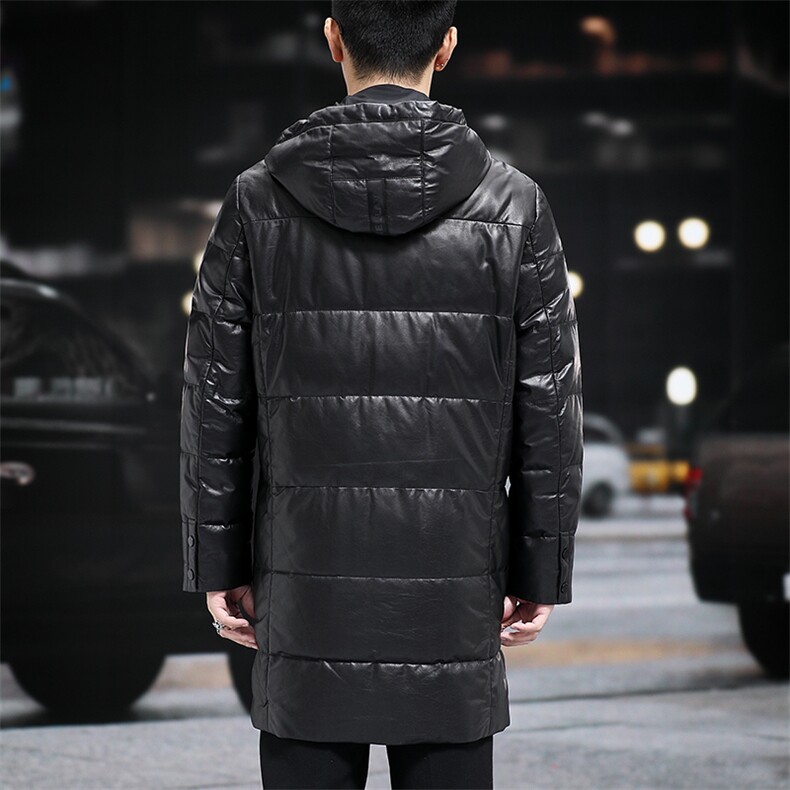 冬季新款海宁真皮羽绒服男中长款连帽外套超薄牛皮皮衣鹅绒服P980,男装皮衣,电商B360A（原721A）
