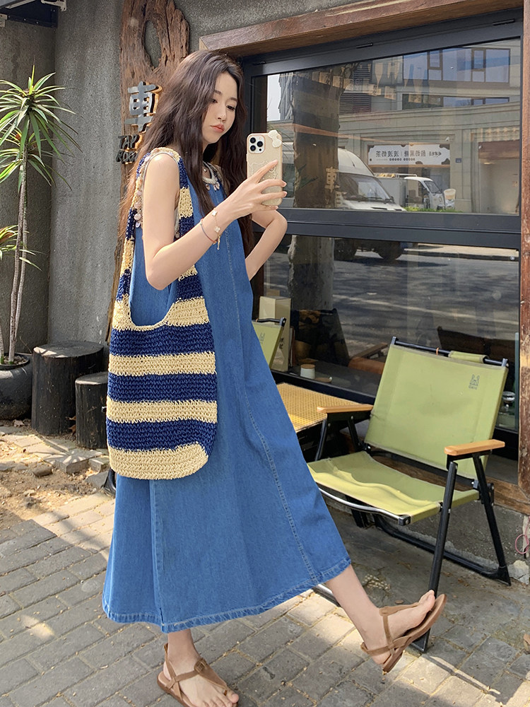 夏日辣妹穿搭无袖牛仔连衣裙女2025新款复古丹宁风设计感亮片长裙,女装连衣裙,浙宝276（原081）