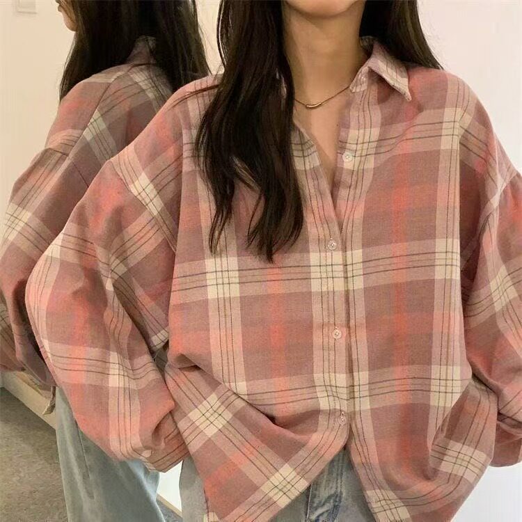 高级复古蓝色格子衬衫外套女叠穿vintage松弛感休闲衬衣外搭开衫图片