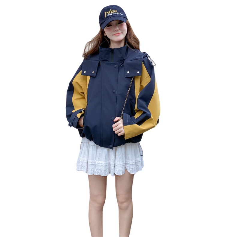 撞色拼接连帽休闲冲锋衣外套女春秋2025新款小个子减龄巨好看上衣,女装短外套,2C159