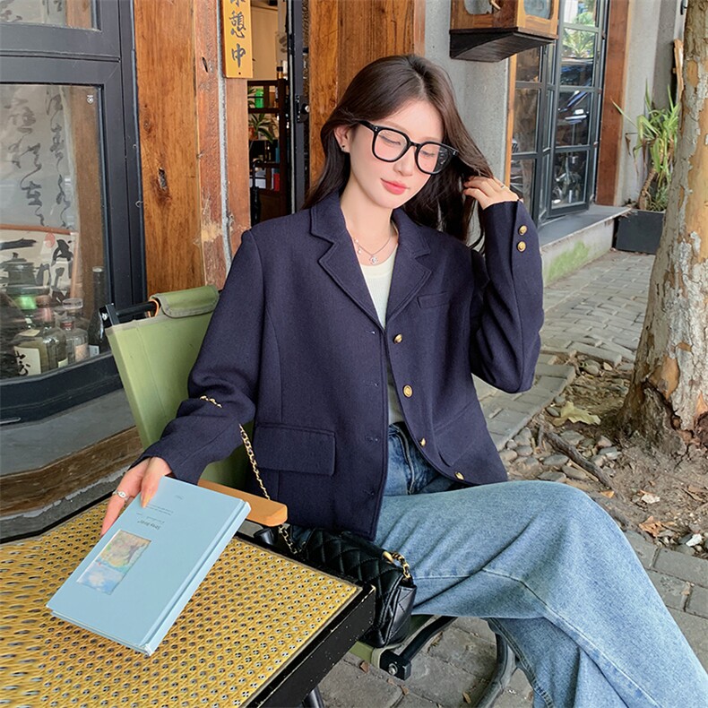 藏青色设计感休闲西装外套女2025春秋法式名媛气高级感显瘦小西服,女装西装,2C205