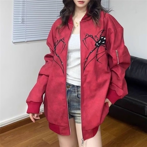 美式蜘蛛刺绣PU皮飞行员夹克男女春季新款复古做旧皮衣棒球服外套