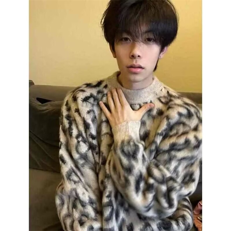 圆领豹纹毛衣男秋冬宽松撞色针织衫韩版潮流大码胖子套头上衣,男装针织衫/毛衣,星座601-1