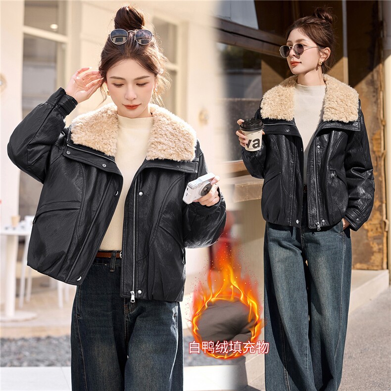 短款温暖毛领时尚翻领羽绒服皮衣,女装羽绒服,英标秀（1C119）