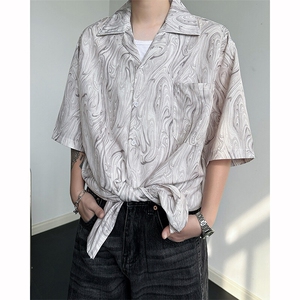8XL-M 冰丝古着感波浪纹短袖衬衫男宽松休闲沙滩古巴领衬衣CS528图片